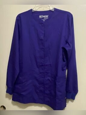 Grey’s Anatomy Barco Womens M Medium 42” Scrubs Scrub Jacket Snap Up Plum Purple